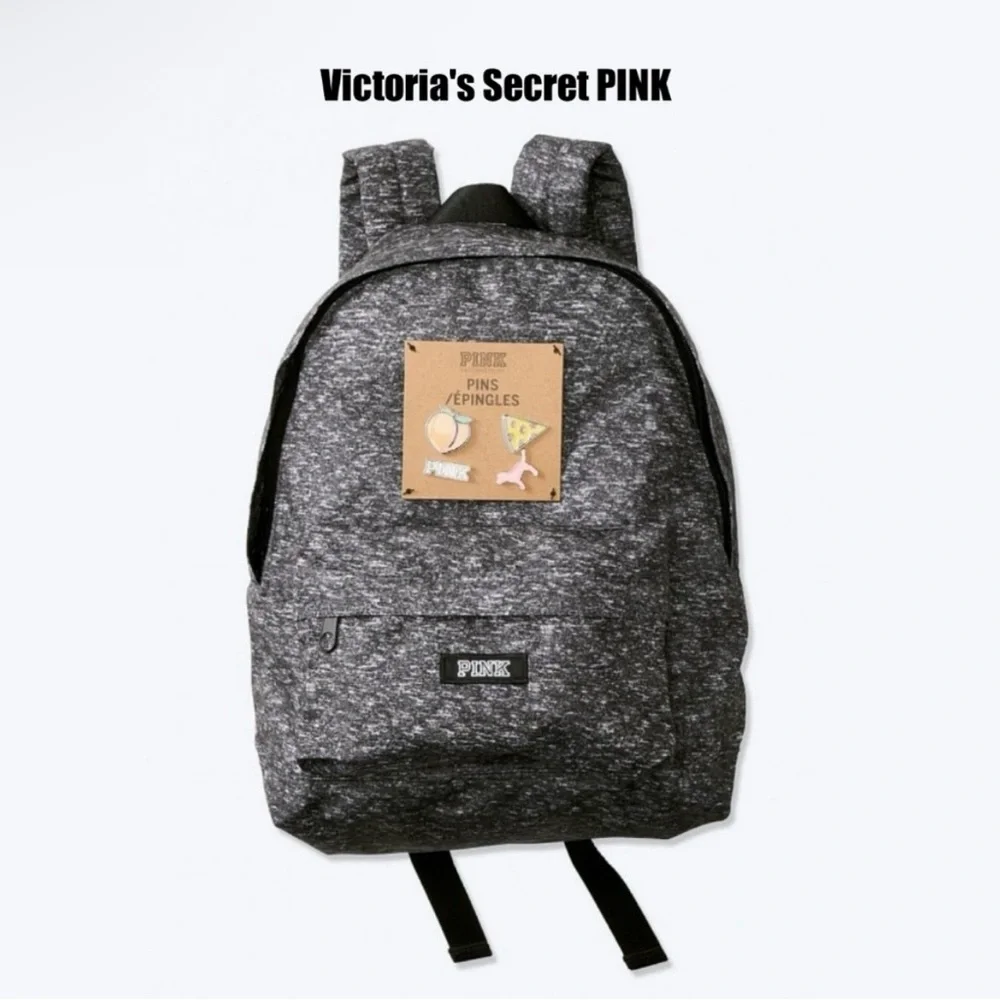 Victorias Secret PINK Black Dark Grey Marble Small Backpack Metal Pins NWT